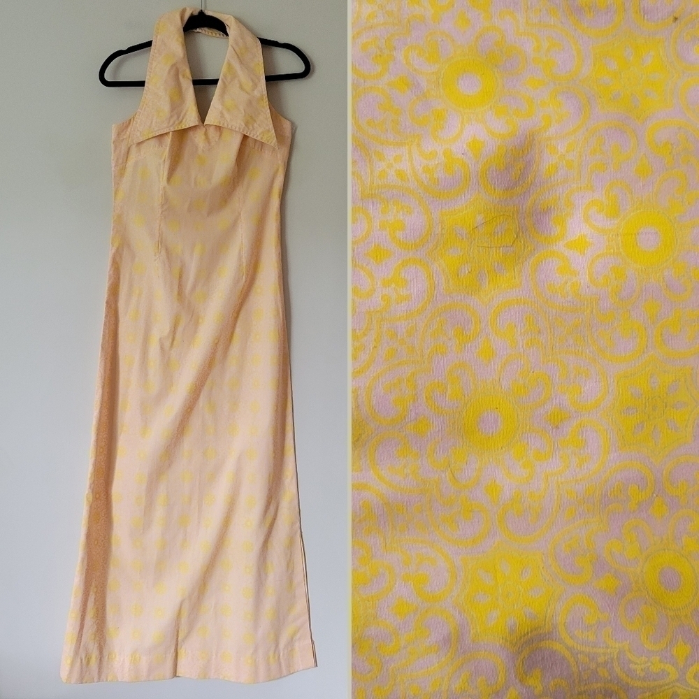 Vintage 70s Dagger Collar Backless Halter Maxi Dress Pastel Peach with Yellow